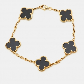 Pre Owned Van Cleef & Arpels Vintage Alhambra Onyx 18k Yellow Gold 5 Motif Station Bracelet