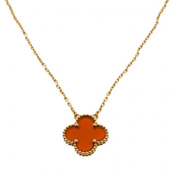 Pre Owned Van Cleef & Arpels Vintage Alhambra Carnelian 18k Yellow Gold Pendant Necklace