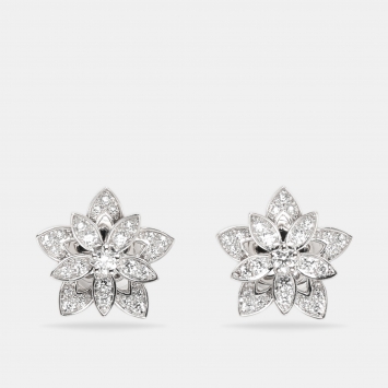 Pre Owned Van Cleef & Arpels 18K White Gold and Diamond Lotus Openwork Earrings