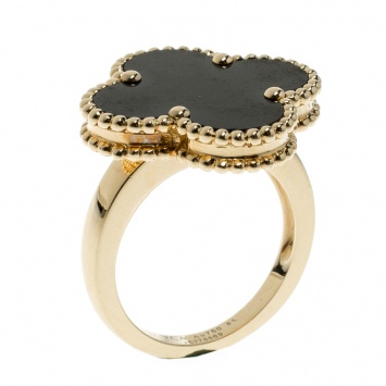 Pre Owned Van Cleef & Arpels Magic Alhambra Grey Mother of Pearl 18k Yellow Gold Ring Size 51