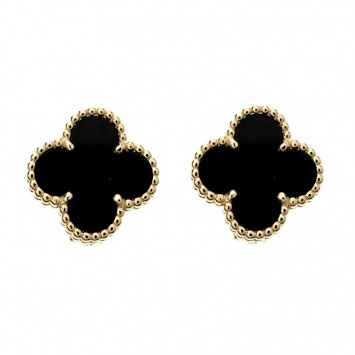 Pre Owned Van Cleef & Arpels Vintage Alhambra Onyx 18k Yellow Gold Stud Earrings