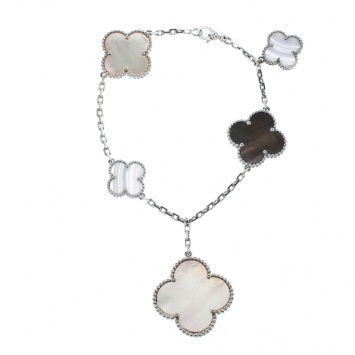 Pre Owned Van Cleef & Arpels Magic Alhambra Mother of Pearl Chalcedony 18k White Gold 5 Motif Bracelet