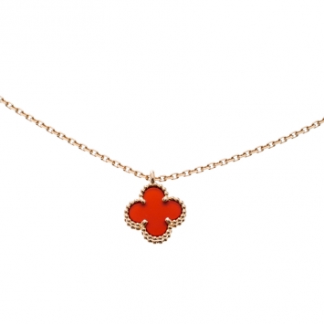 Pre Owned Van Cleef & Arpels Sweet Alhambra Carnelian 18K Rose Gold Mini Pendant Chain Necklace