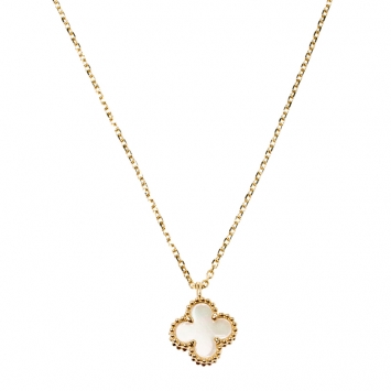 Pre Owned Van Cleef & Arpels Sweet Alhambra Mother of Pearl 18kt Yellow Gold Mini Pendant Chain Necklace