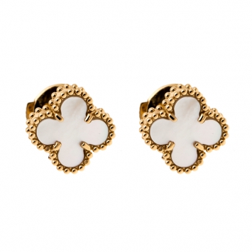 Pre Owned Van Cleef & Arpels Sweet Alhambra Mother of Pearl Yellow Gold Stud Earrings