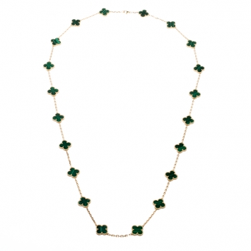 Pre Owned Van Cleef & Arpels Vintage Alhambra Malachite 20 Motif 18k Yellow Gold Long Necklace
