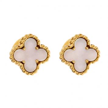 Pre Owned Van Cleef & Arpels Sweet Alhambra Mother of Pearl 18k Yellow Gold Stud Earrings