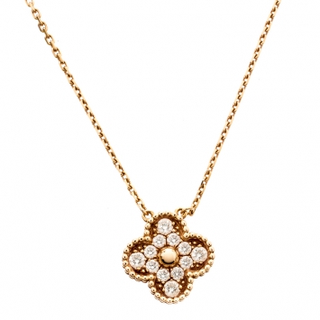 Pre Owned Van Cleef & Arpels Vintage Alhambra Diamond 18K Rose Gold Pendant Necklace