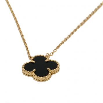 Pre Owned Van Cleef Onyx Vintage Alhambra 18K Yellow Gold Necklace