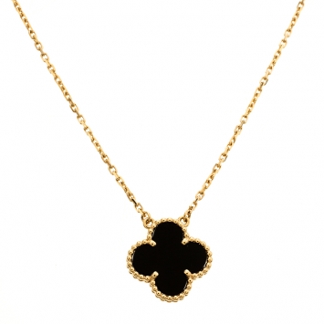 Pre Owned Van Cleef & Arpels Vintage Alhambra Onyx 18k Yellow Gold Pendant Necklace 