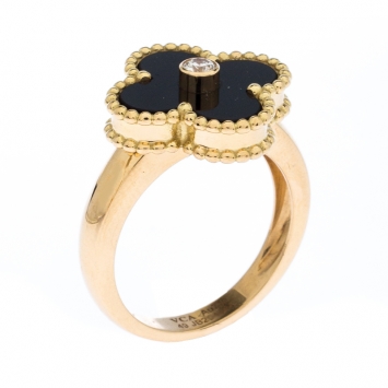 Pre Owned Van Cleef & Arpels Vintage Alhambra Diamond Onyx 18k Yellow Gold Ring Size 49