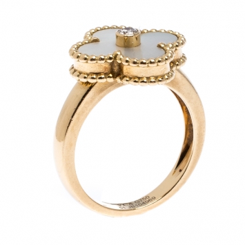 Pre Owned Van Cleef & Arpels Vintage Alhambra Diamond Mother of Pearl 18k Yellow Gold Ring Size 51