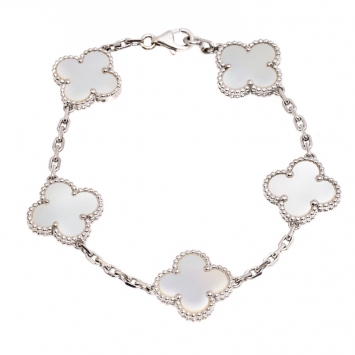 Pre Owned Van Cleef & Arpels Vintage Alhambra 5 Motif Mother Of Pearl 18K White Gold Bracelet