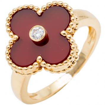 Pre Owned Van Cleef & Arpels Red Carnelian Vintage Alhambra Diamond Yellow Gold Size 52