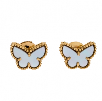 Pre Owned Van Cleef & Arpels Sweet Alhambra Butterfly Yellow Gold and Mother of Pearl Stud Earrings
