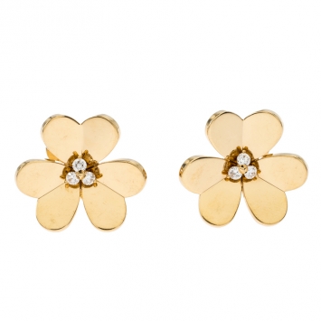 Pre Owned Van Cleef & Arpels Frivole Diamond 18k Yellow Gold Large Clip On Stud Earrings