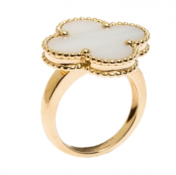 Pre Owned Van Cleef & Arpels Magic Alhambra White Mother of Pearl 18k Yellow Gold Ring Size 50