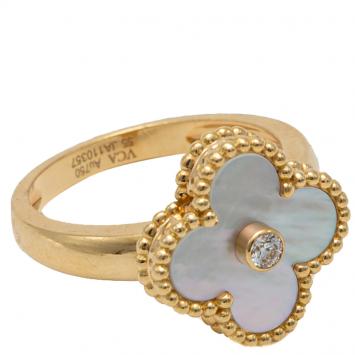 Pre Owned Van Cleef & Arples Mother Of Pearl & Yellow Gold Vintage Alhambra Ring Size 55