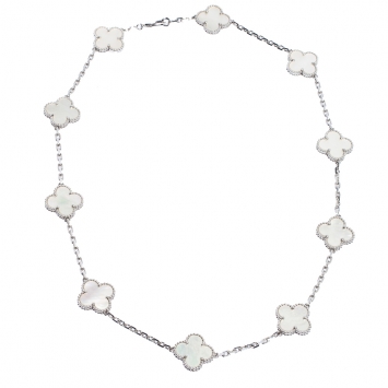 Pre Owned Van Cleef and Arpels Vintage Alhambra Mother of Pearl 10 Motif 18K White Gold Station Necklace