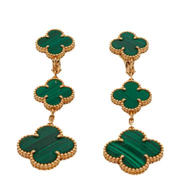 Pre Owned Van Cleef & Arpels Malachite Magic Alhambra 3 Motifs Yellow Gold Earrings