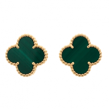 Pre Owned Van Cleef & Arpels Vintage Alhambra Malachite 18K Yellow Gold Stud Earrings