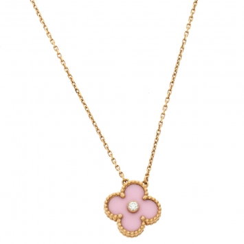 Pre Owned Van Cleef & Arpels Vintage Alhambra Diamond Pink Inlay 18K Rose Gold Pendant Necklace