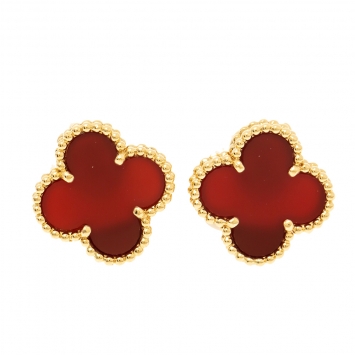 Pre Owned Van Cleef & Arpels Vintage Alhambra Carnelian 18k Yellow Gold Stud Earrings