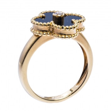Pre Owned Van Cleef and Arpels Vintage Alhambra Onyx Diamond 18K Yellow Gold Ring 53