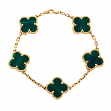 Pre Owned Van Cleef & Arpels Vintage Alhambra 5 Motifs Malachite 18K Yellow Gold Bracelet