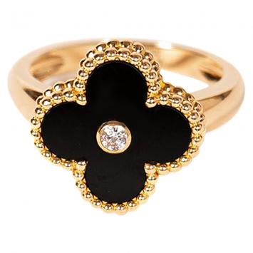 Pre Owned Van Cleef & Arpels Alhambra Diamond Onyx 18K Yellow Gold Ring Size 52