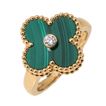 Pre Owned Van Cleef & Arpels Vintage Alhambra Diamond Malachite 18K Yellow Gold Ring 52