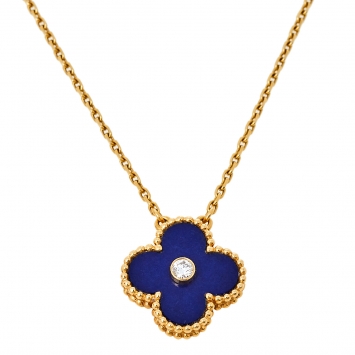 Pre Owned Van Cleef & Arpels Vintage Alhambra Lapis Lazuli Diamond 18K Yellow Gold Necklace