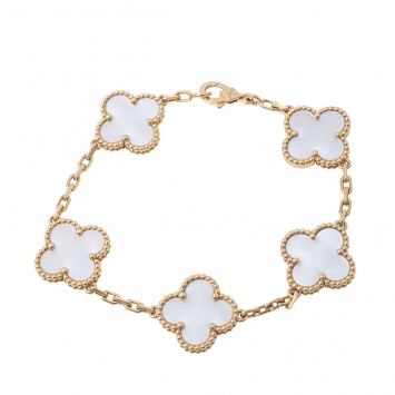 Pre Owned Van Cleef & Arpels Vintage Alhambra Mother of Pearl 18K Yellow Gold 5 Motif Station Bracelet