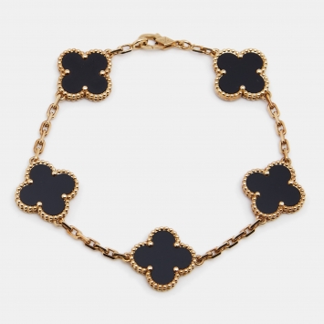 Pre Owned Van Cleef & Arpels Vintage Alhambra Onyx 18k Yellow Gold 5 Motif Station Bracelet