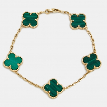 Pre Owned Van Cleef & Arpels Vintage Alhambra Malachite 18k Yellow Gold Station Bracelet
