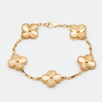 Pre Owned Van Cleef & Arpels Vintage Alhambra Guilloché 18K Yellow Gold Station Bracelet