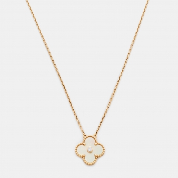 Pre Owned Van Cleef & Arpels Vintage Alhambra Golden Mother of Pearl Diamond 18k Yellow Gold Necklace
