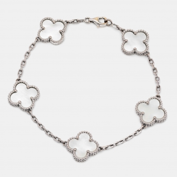 Pre Owned Van Cleef & Arpels Vintage Alhambra Mother of Pearl 18k White Gold Station Bracelet