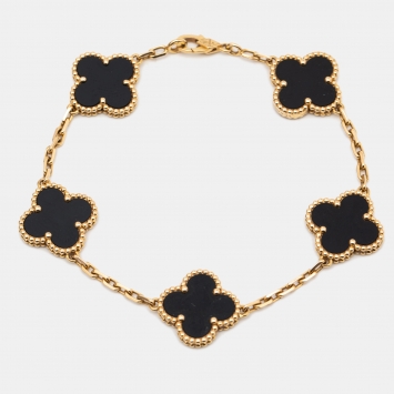 Pre Owned Van Cleef & Arpels Vintage Alhambra Onyx 18k Yellow Gold 5 Motif Station Bracelet