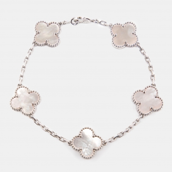 Pre Owned Van Cleef & Arpels Vintage Alhambra Mother of Pearl 18k White Gold 5 Motif Station Bracelet