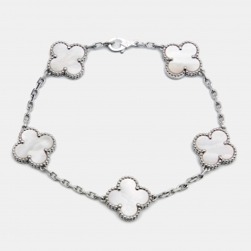 Pre Owned Van Cleef & Arpels Vintage Alhambra Mother of Pearl 18k White Gold 5 Motif Station Bracelet