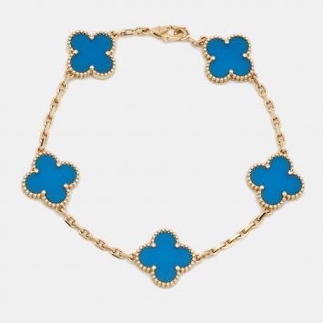 Pre Owned Van Cleef & Arpels Vintage Alhambra Agate 18k Yellow Gold 5 Motif Bracelet