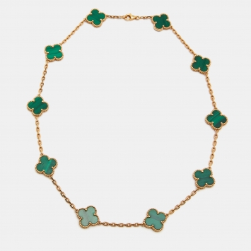 Pre Owned Van Cleef & Arpels Vintage Alhambra Malachite 18k Yellow Gold 10 Motif Station Necklace