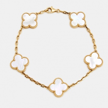 Pre Owned Van Cleef & Arpels Vintage Alhambra Mother of Pearl 18k Yellow Gold Station Bracelet