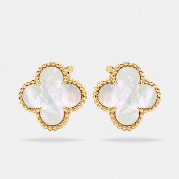 Pre Owned Van Cleef & Arpels Vintage Alhambra Mother of Pearl 18k Yellow Gold Clip-on Stud Earrings