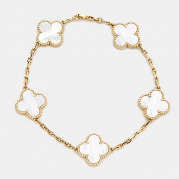Pre Owned Van Cleef & Arpels Vintage Alhambra Mother of Pearl 18k Yellow Gold Station Bracelet