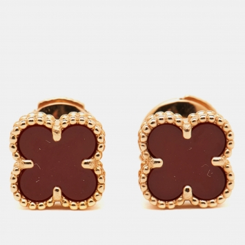 Pre Owned Van Cleef & Arpels Sweet Alhambra Carnelian 18K Rose Gold Stud Earrings