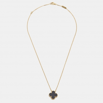 Pre Owned Van Cleef & Arpels Vintage Alhambra Onyx 18k Yellow Gold Necklace