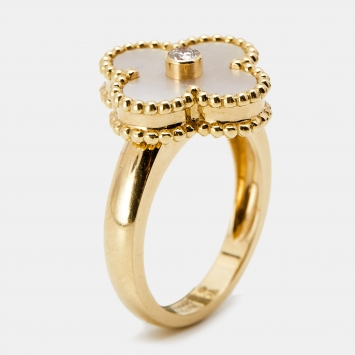 Pre Owned Van Cleef & Arpels Vintage Alhambra Mother of Pearl Diamond 18k Yellow Gold Ring Size 49