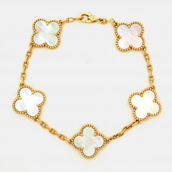 Pre Owned Van Cleef & Arpels Vintage Alhambra Mother of Pearl 18k Yellow Gold 5 Motif Station Bracelet
